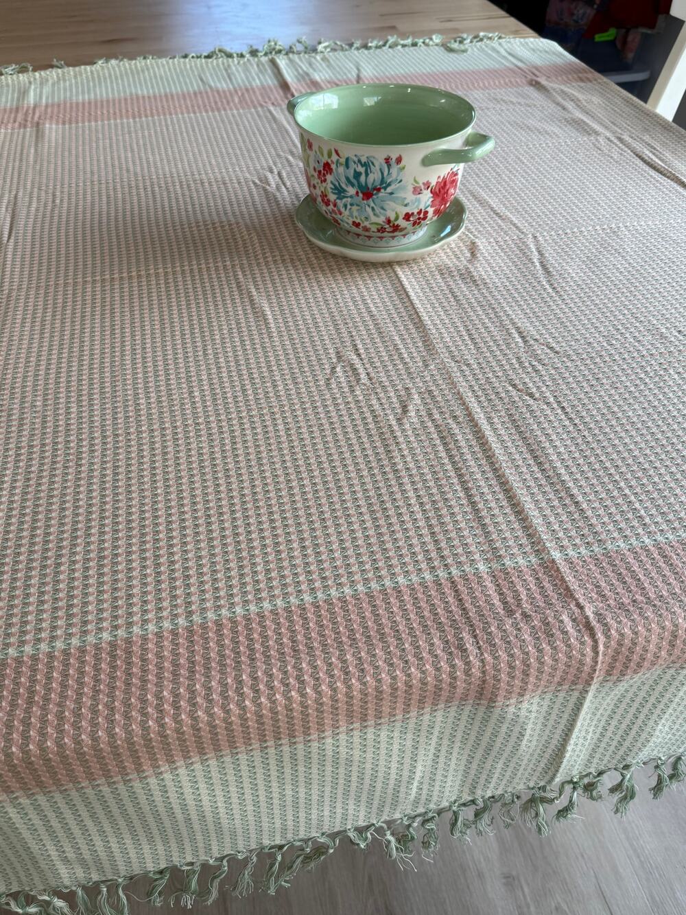 April Cornell Victorian Weave Tablecloth Pink Green Handwoven Fringe 54 x 54 NEW